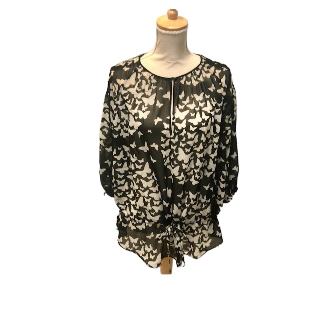 Zara sheer butterly top gathered tie waist L